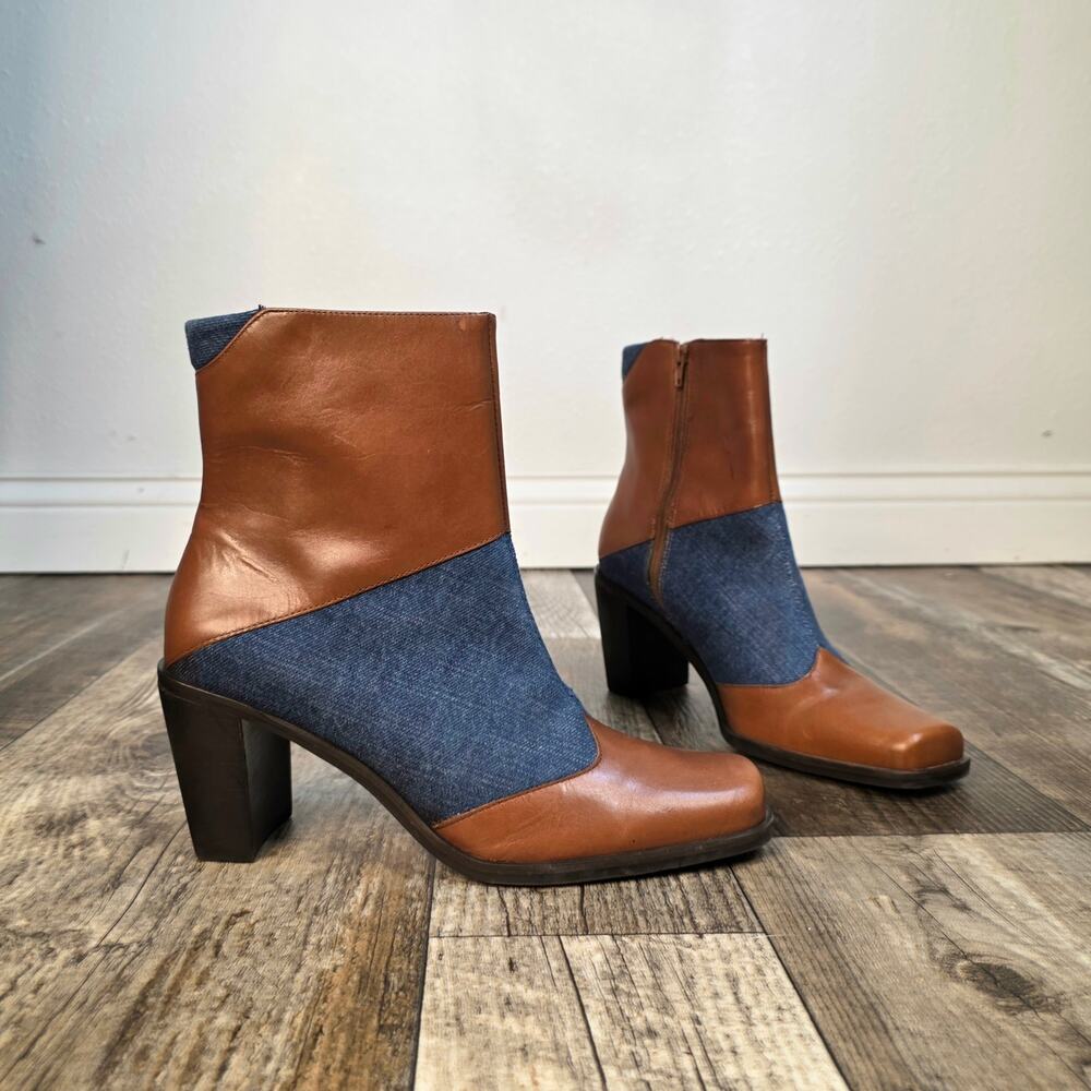 Vintage 90s Patchwork Denim Leather Ankle Boots Square Toe Size 8
